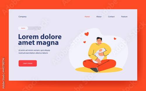 Man holding tight little baby son. Flat vector illustration. Male character sitting on floor in lotus position and hugging nursing baby in blue blanket. Family, newborn, fatherhood, care concept