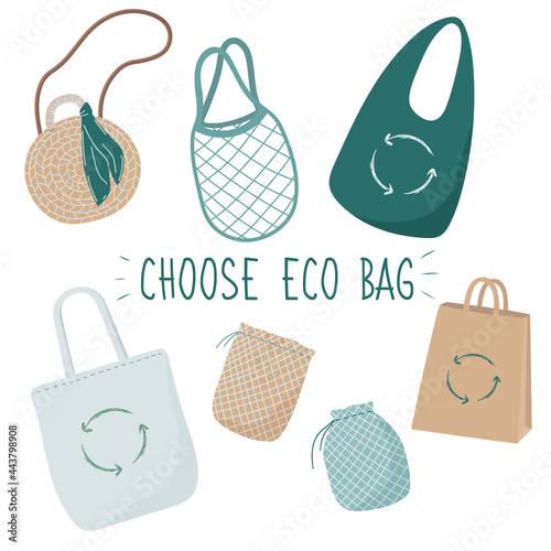 Eco bag hand drawn vector illustration. Say no to plastic. Zero waste concept. Doodle elements of reusable shopping bags. Save Earth, go green