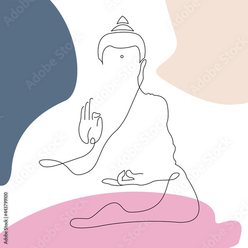 One line art silhouette of buddha isolated on white background for logo, greeting cards, business card. One continuous line drawn Buddha statue Buddhist character in minimalist style