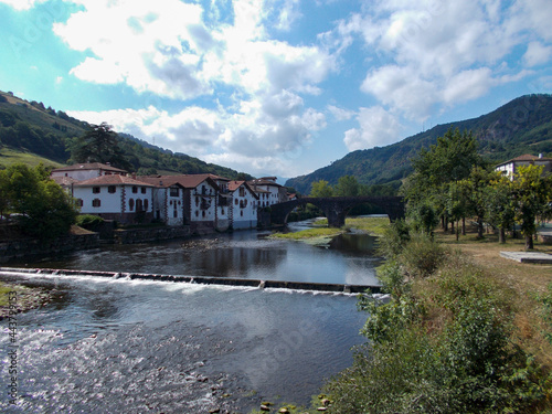 Municipality of Elizondo, in the Baztán valley with the Bidasoa river and the water dam, in Navarra, Spain. Europe. Horizontal photography.