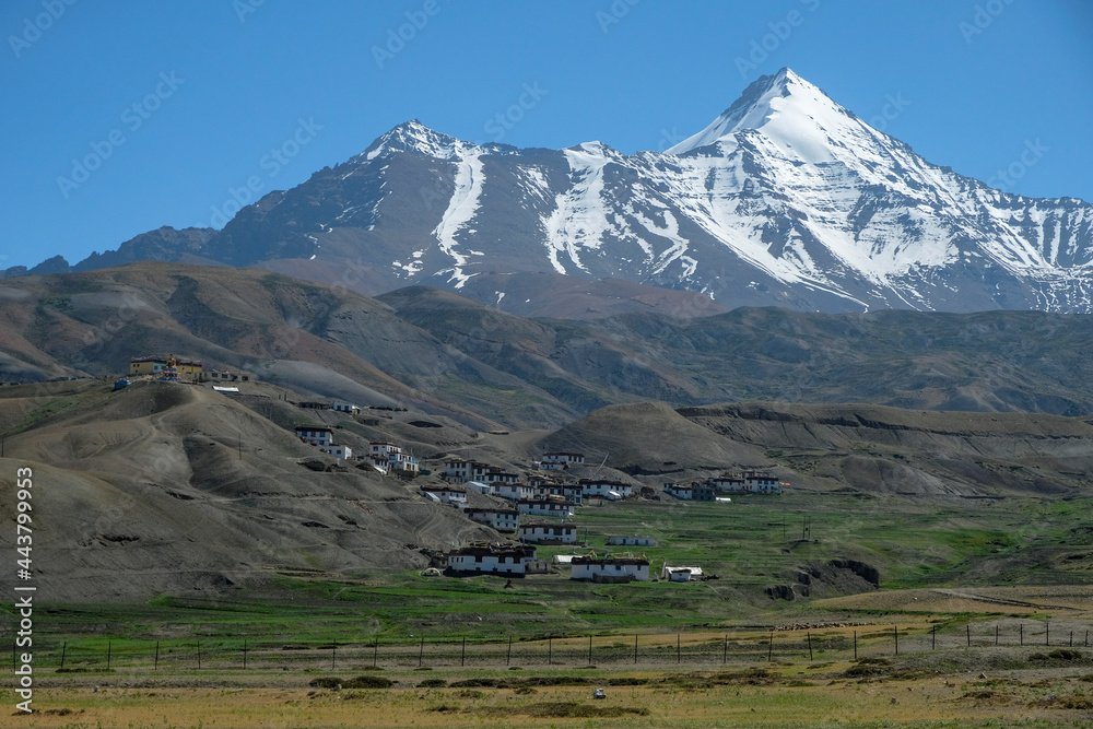Panoramic view of Langza village in the Spiti valley in the Himalayas, Himachal Pradesh, India.