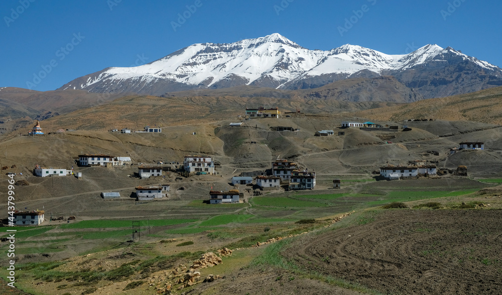 Panoramic view of Langza village in the Spiti valley in the Himalayas, Himachal Pradesh, India.