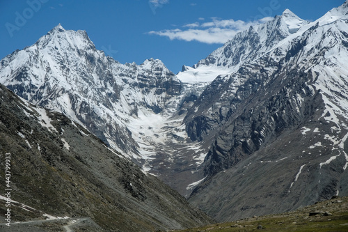 View of the Himalayan mountains in the Spiti Valley in Himachal Pradesh, India.