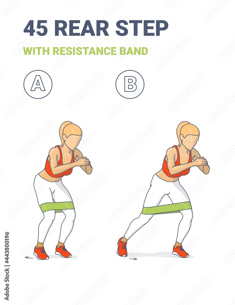 Woman Doing 45 Rear Step with Resistance Band Home Workout Exercise Guidance Illustration. Woman Doing 45 Rear Step with Resistance Band Home Workout Exercise Guidance Illustration.