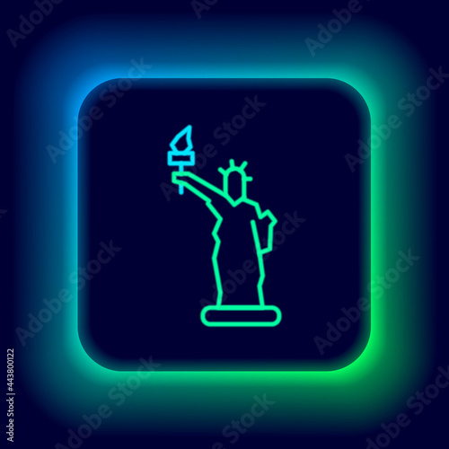 Glowing neon line Statue of Liberty icon isolated on black background. New York, USA. Colorful outline concept. Vector