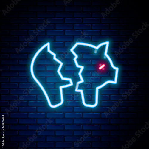 Glowing neon line Broken piggy bank icon isolated on brick wall background. Icon saving or accumulation of money, investment. Colorful outline concept. Vector