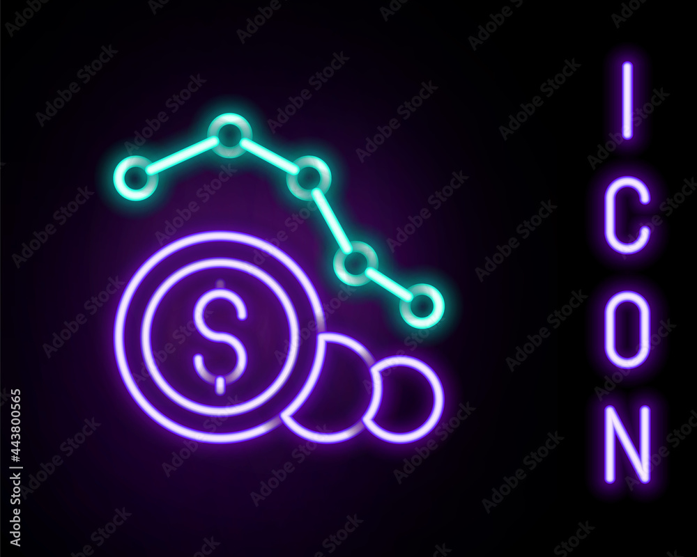 Glowing neon line Dollar rate decrease icon isolated on black background. Cost reduction. Money symbol with down arrow. Business lost crisis decrease. Colorful outline concept. Vector Glowing neon line Dollar rate decrease icon isolated on black background. Cost reduction. Money symbol with down arrow. Business lost crisis decrease. Colorful outline concept. Vector