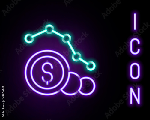 Glowing neon line Dollar rate decrease icon isolated on black background. Cost reduction. Money symbol with down arrow. Business lost crisis decrease. Colorful outline concept. Vector