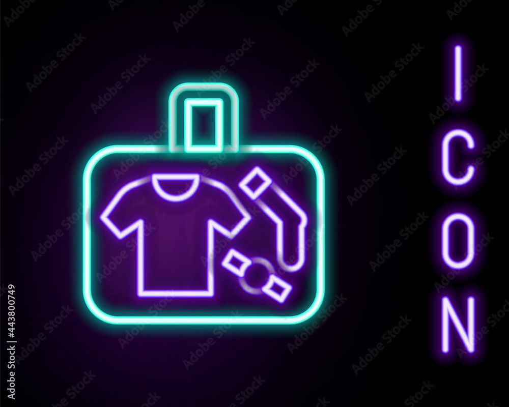 Glowing neon line Suitcase for travel icon isolated on black background. Traveling baggage sign. Travel luggage icon. Colorful outline concept. Vector