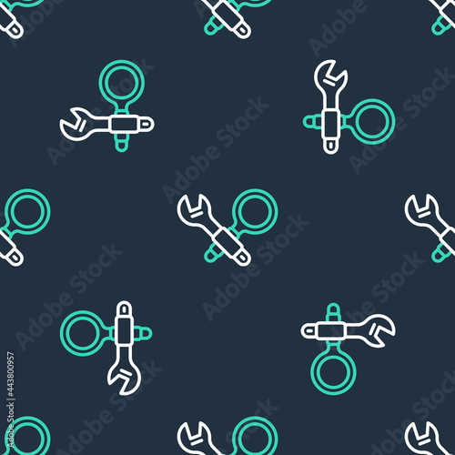 Line Debugging icon isolated seamless pattern on black background. Debugging tool. Magnifying glass on bug programming. Testing and setting software. Vector