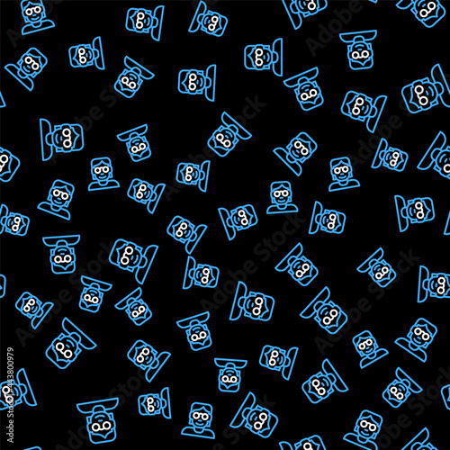 Line Hacker or coder icon isolated seamless pattern on black background. Programmer developer working on code, coding, testing, debugging, analysing. Vector