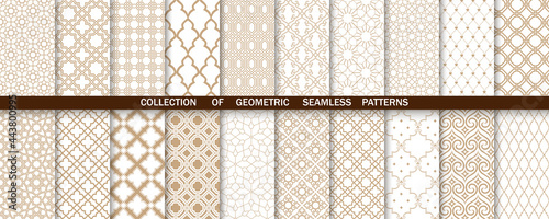 Geometric collection of gold and white patterns. Seamless vector backgrounds. Simple graphics