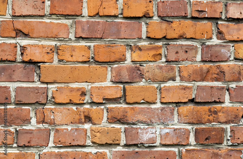 Old brick wall, red brick, texture, with light cement joints