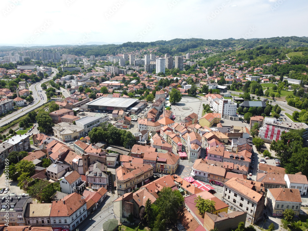 Aerial drone view of city of Tuzla, Bosnia and Herzegovina. Buildings, streets and residential houses. Tuzla is a town and municipality in north BiH, Europe.