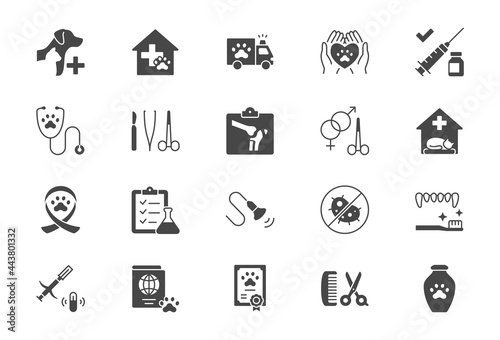 Veterinary flat icons. Vector illustration include icon - stethoscope, grooming, xray, ultrasound, vaccination, sterilization glyph silhouette pictogram for vet clinic. Black color