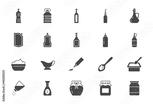 Sauces flat icons. Vector illustration include icon - jug, cup, vinegar, mayonnaise, ketchup, sour cream, cheese sauce, glyph silhouette pictogram for food spice. Black color