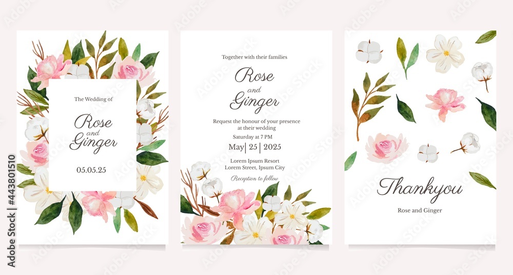 set of watercolor flower wedding invitation