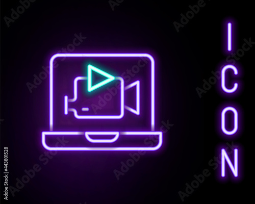 Glowing neon line Online play video icon isolated on black background. Film strip with play sign. Colorful outline concept. Vector