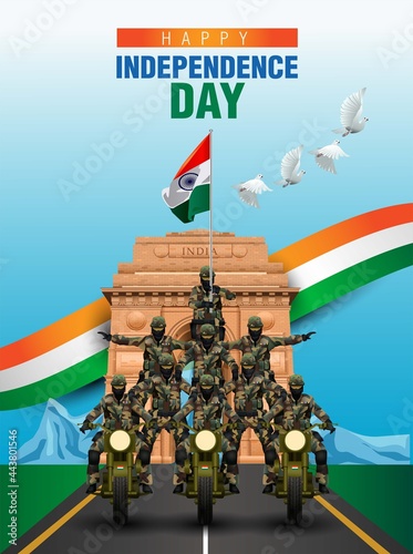 soldiers ride with motorbike . 15 august happy independence day. vector illustration design photo