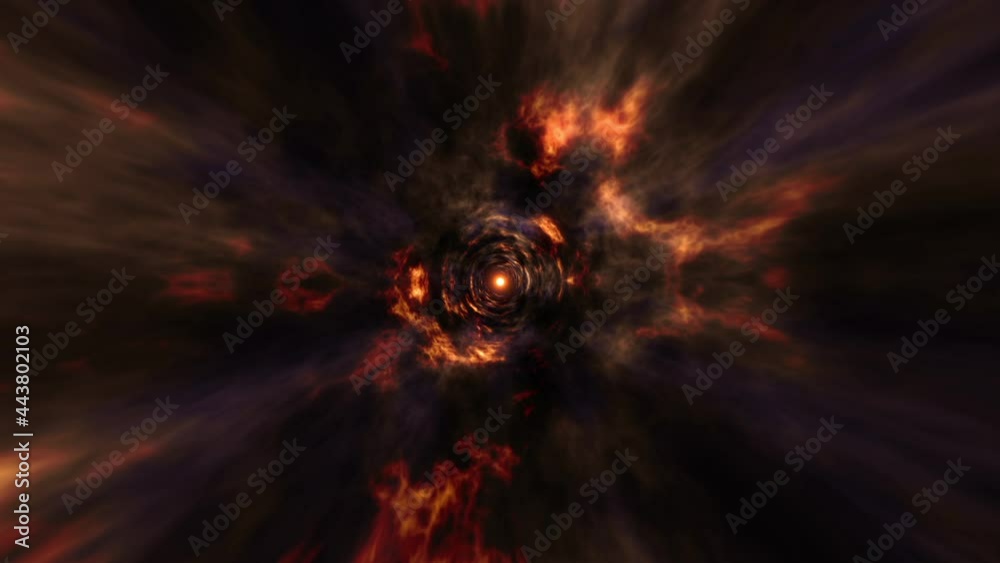 This is a motion stock graphic that depicts flying through a fiery, smoke-filled tunnel.