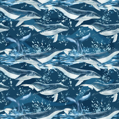 Fototapete Maritime Tiermuster Aquarell Wale Naturmuster Ozean  © Hanna