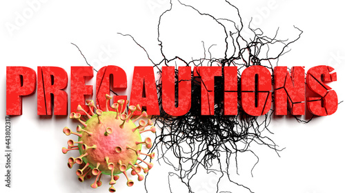 Degradation and precautions during covid pandemic, pictured as declining phrase precautions and a corona virus to symbolize current problems caused by epidemic, 3d illustration photo