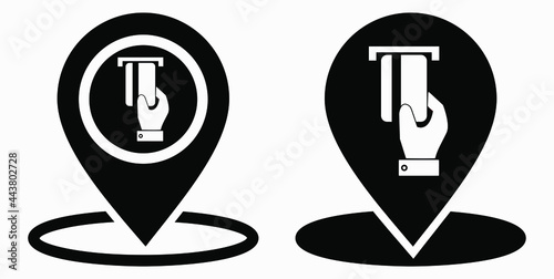 Location and bank card icon. GPS ATM. Payment by card. Geotag of cashless settlement. Vector icon.