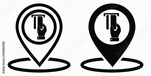 Location and bank card icon. GPS ATM. Payment by card. Geotag of cashless settlement. Vector icon.