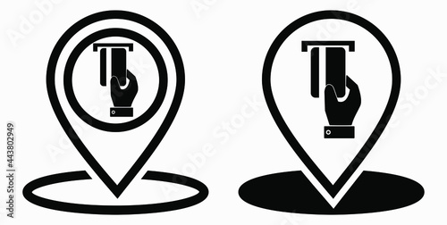 Location and bank card icon. GPS ATM. Payment by card. Geotag of cashless settlement. Vector icon.
