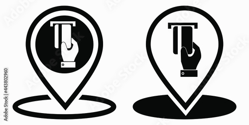 Location and bank card icon. GPS ATM. Payment by card. Geotag of cashless settlement. Vector icon.