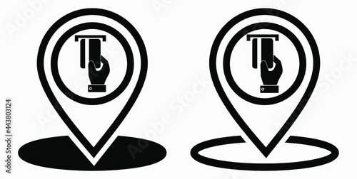 Location and bank card icon. GPS ATM. Payment by card. Geotag of cashless settlement. Vector icon.