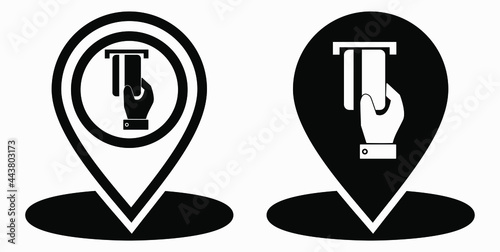 Location and bank card icon. GPS ATM. Payment by card. Geotag of cashless settlement. Vector icon.
