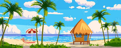 Tropical resort wooden Bungalow for rest, vacation. Modern architecture with exotic palms, sea, ocean, island, beach coastline. Seaview summer landscape. Vector illustration cartoon style