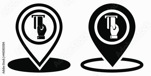 Location and bank card icon. GPS ATM. Payment by card. Geotag of cashless settlement. Vector icon.