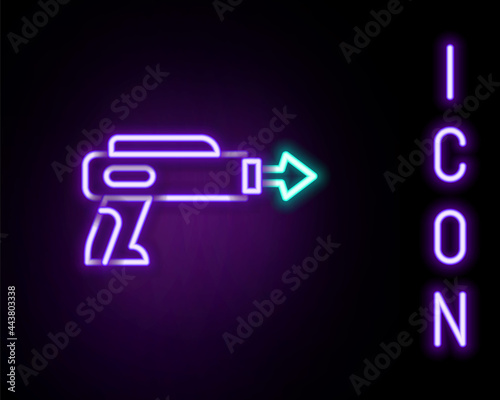 Glowing neon line Fishing harpoon icon isolated on black background. Fishery manufacturers for catching fish under water. Diving underwater equipment. Colorful outline concept. Vector