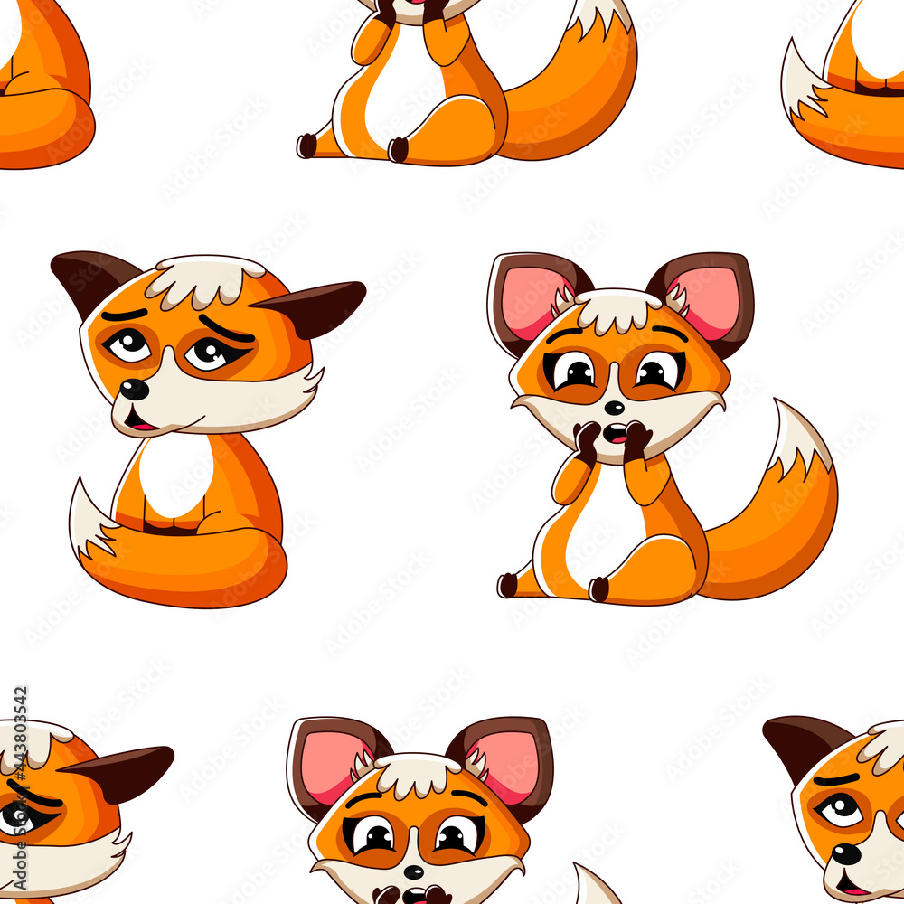 seamless pattern of cartoon foxes with different emotions. Vector funny flat cartoon fox heads with different emotions seamless pattern. Fox emoticons seamless pattern..