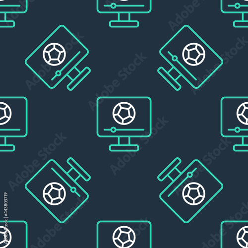 Line Football soccer match on TV icon isolated seamless pattern on black background. Football online concept. Vector