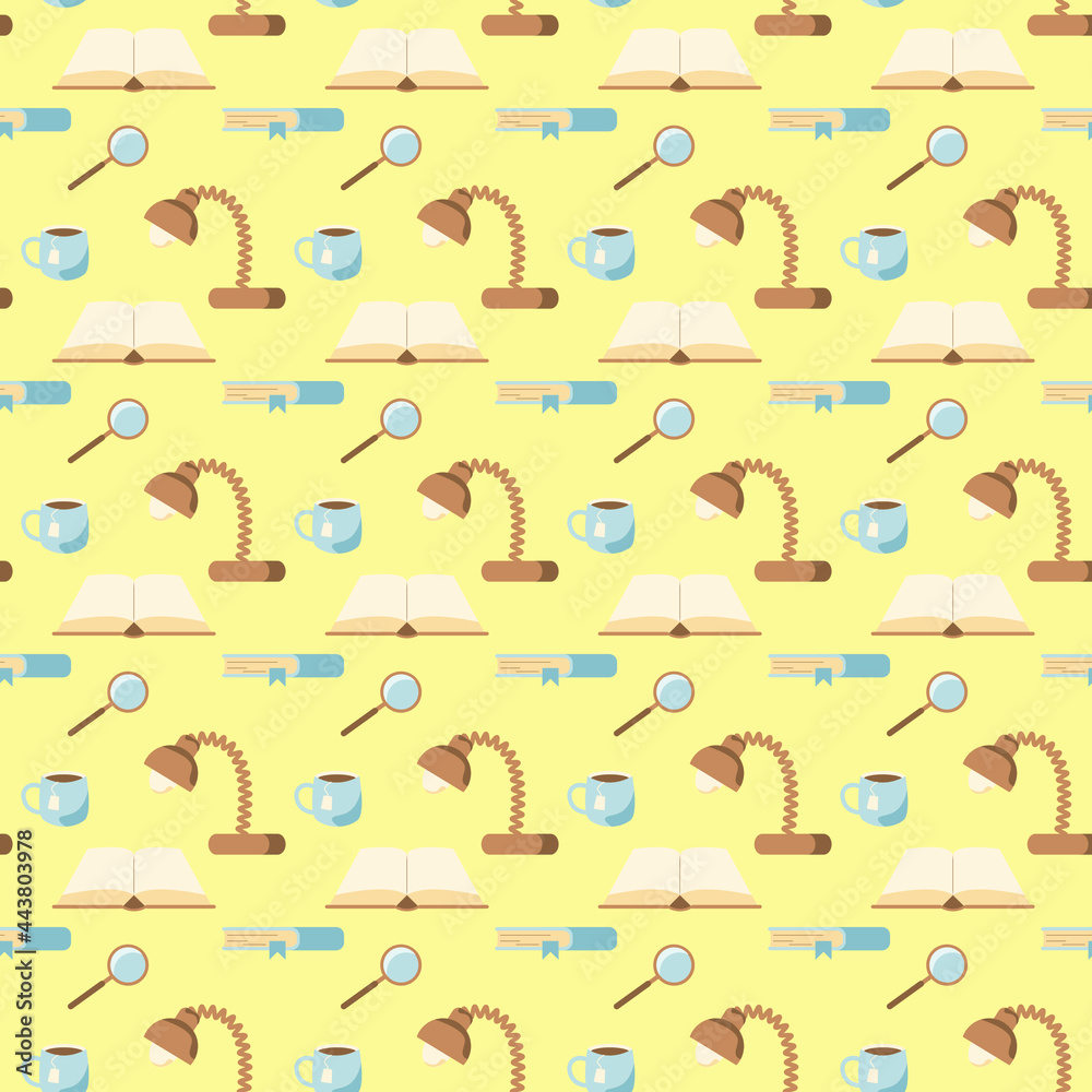 Seamless pattern with office tools for education, writing utensils, stationery, table lamp, book, magnifier, cup of tea on a yellow background