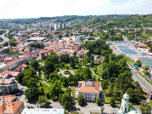 Aerial drone view of city of Tuzla, Bosnia and Herzegovina. Buildings, streets and residential houses. Tuzla is a town and municipality in north BiH, Europe. 