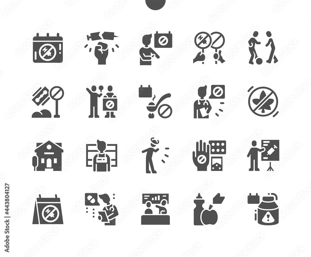 Against Drug Abuse Day 26 June. No drugs. Calendar. Twenty sixth of june. Action against drugs. Sport competitions. Healthy lifestyle. Vector Solid Icons. Simple Pictogram