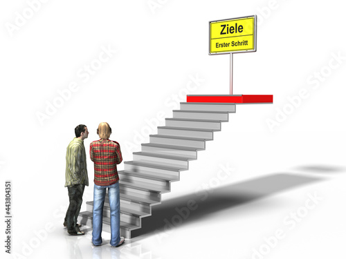 3d Zwei junge Männer stehen vor Treppe und planen ihre Zukunft für Ziele und machen den ersten Schritt, isolier photo