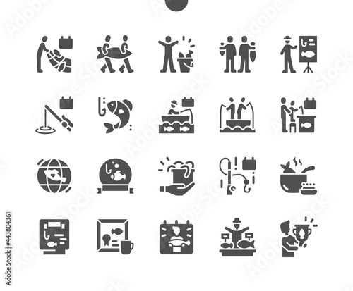 World Fisheries Day 21 November. Fisherman. Calendar. Twenty first of november. Fish dishes. Champion award. Worms. Vector Solid Icons. Simple Pictogram
