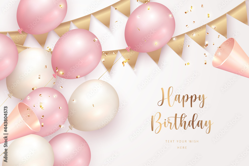 Elegant girlsih pink ballon Happy Birthday celebration party popper and ribbon decoration
