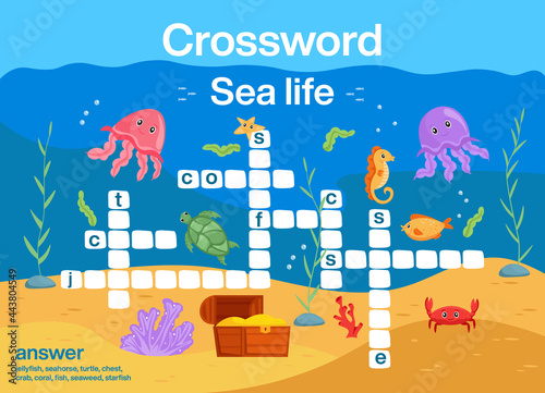 Sea life crossword. Educational activity for kids. Vector illustration