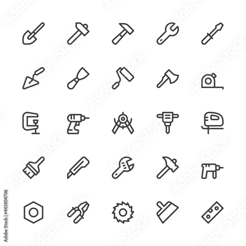 Tools. Hammer, Screwdriver, Spanner, Paintbrush. Simple Interface Icons for Web and Mobile Apps. Editable Stroke. 32x32 Pixel Perfect.
