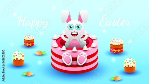 Happy Easter Clouds Rabbit Hare Banny Cake Eggs Greeting Background. Vector Design Banner Party Invitation Web Poster Flyer Stylish Brochure, Greeting Card Template