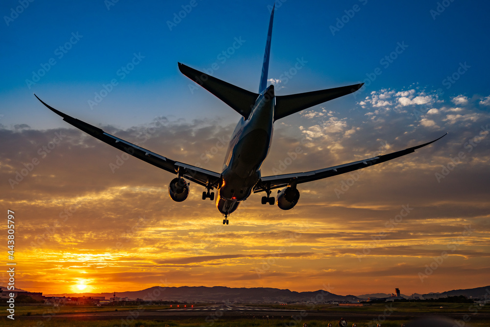 美しい夕焼けにランディングする飛行機の後ろ姿 美しい夕焼けにランディングする飛行機の後ろ姿