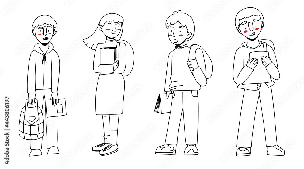 Line art kids with cute red cheeks back to school with backpacks, books and notepads isolated on white background Line art kids with cute red cheeks back to school with backpacks, books and notepads isolated on white background