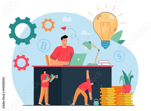 Businessman working at office table and exercising. Man doing exercises and making money flat vector illustration. Healthy lifestyle, work, sports concept for banner, website design or landing page