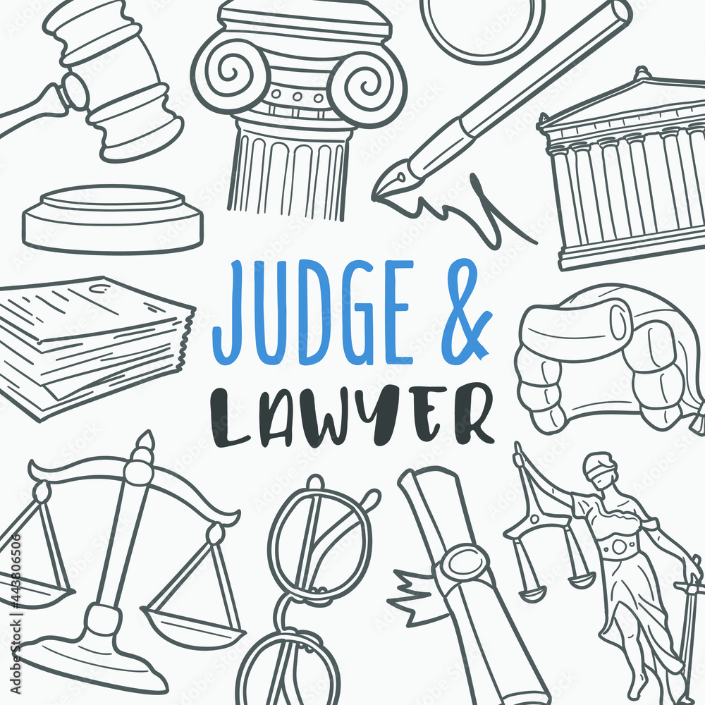 Judge And Lawyer Doodle Banner Icon. Protection Vector Illustration
